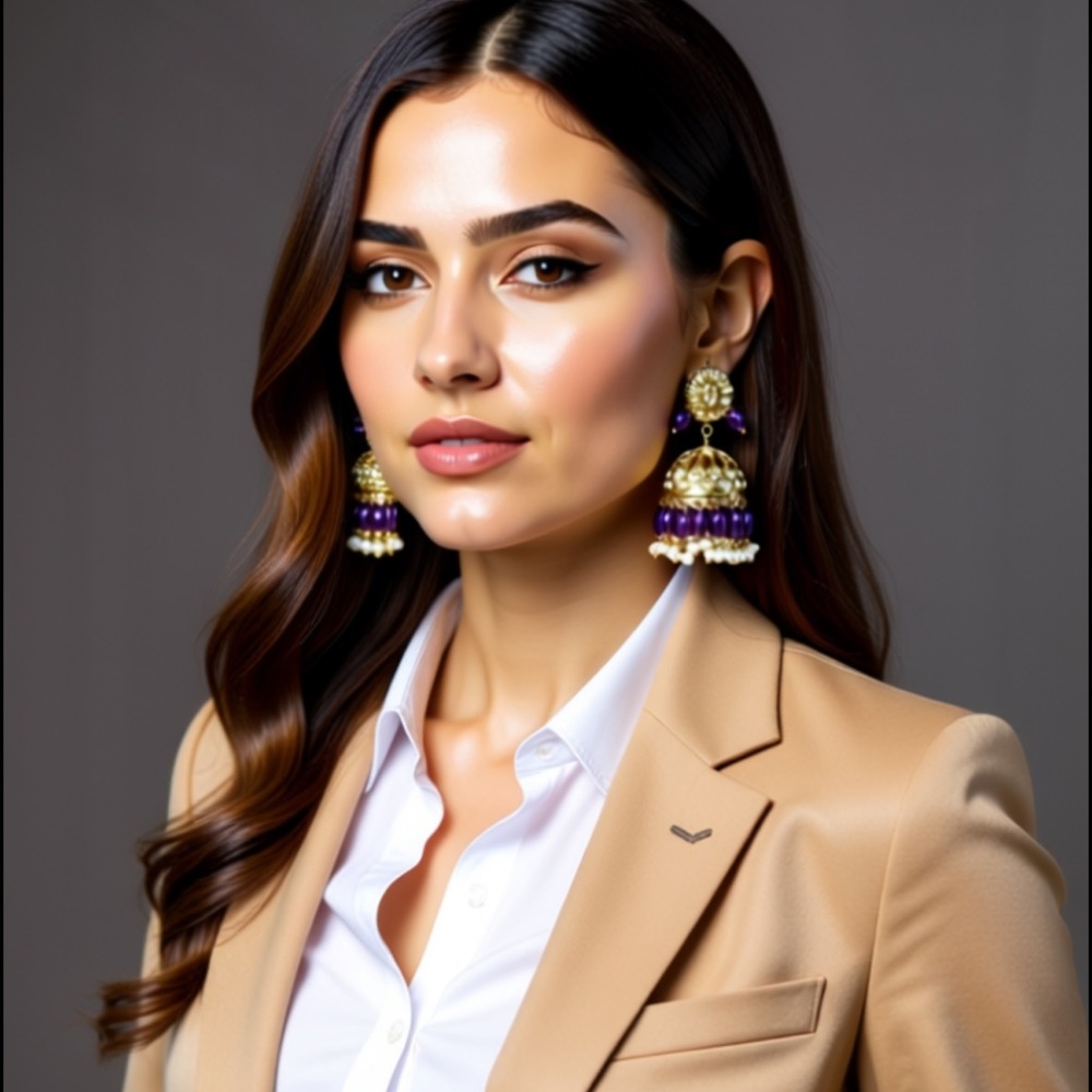 Amethyst Jadau Jhumka Earrings | Gold & Shell Pearl Indian Bridal Jewelry